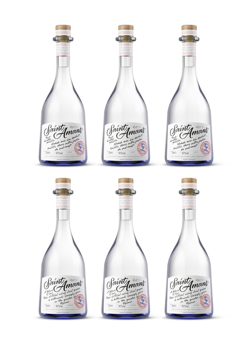Six bottles of our premium and aromatic Original gin in their classic blue bottles. French: Six bouteilles de notre Gin Original haut de gamme et aromatique dans leurs bouteilles bleues classiques.
