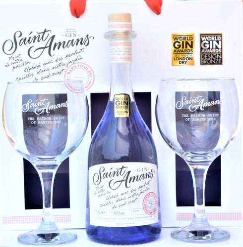 Our Saint Amans original gin gift set featuring an artisan bottle and 2 hand-engraved glasses reading 